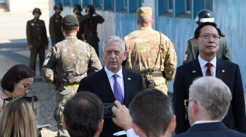 Defense secretary James Mattis tours the demilitarized zon e at the border between North Korea and South Korea on Friday.