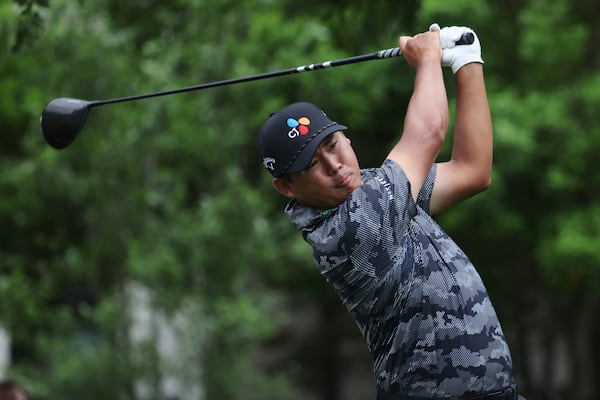 Si Woo Kim hits off the sixth tee during the first round of the CJ Cup Byron Nelson golf tournament in McKinney, Texas, Thursday, May 1, 2025. (AP Photo/Gareth Patterson)