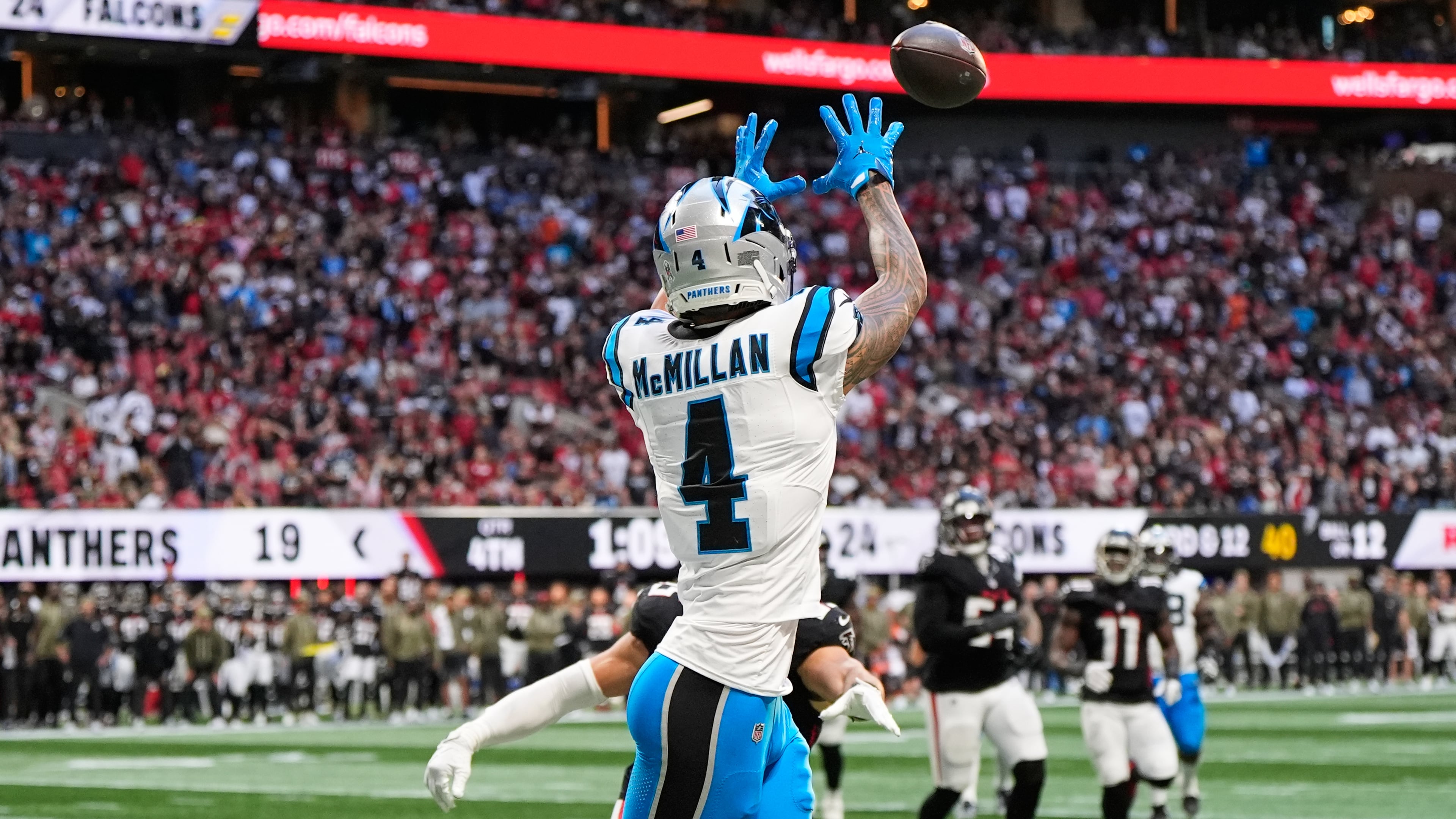 Panthers' rookie wide receiver Tetairoa McMillan had 130 yards and two touchdowns, one of which put the Panthers up by three late in the fourth quarter. The Falcons were able to tie the score, but fell in overtime, 30-27. (Brynn Anderson/AP)