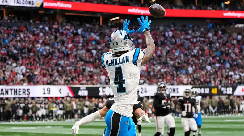 Panthers' rookie wide receiver Tetairoa McMillan had 130 yards and two touchdowns, one of which put the Panthers up by three late in the fourth quarter. The Falcons were able to tie the score, but fell in overtime, 30-27. (Brynn Anderson/AP)