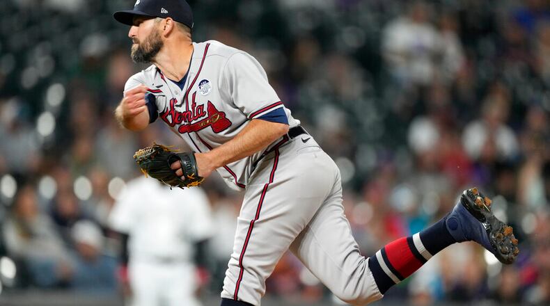 Atlanta Braves reliever Darren O'Day delivers. O’Day, who has pitched in the majors since 2008, entered Saturday’s tie game in the ninth inning. Needing to send the game to extras, manager Brian Snitker went to O’Day, who came through. (AP Photo/David Zalubowski)