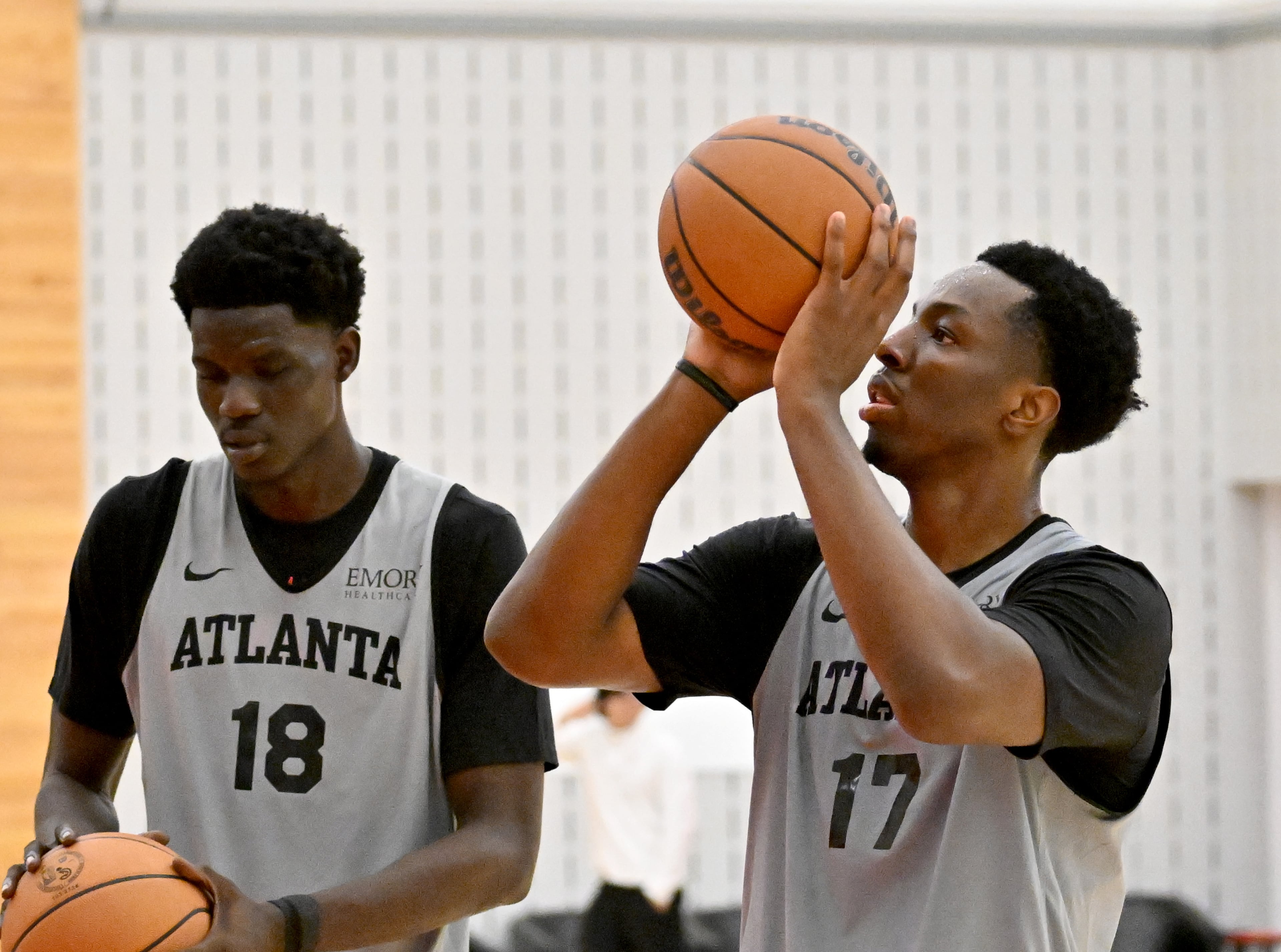 Hawks forward Onyeka Okongwu lines up a shot during the first day of training camp at the team’s practice facility on Tuesday, Sept. 30, 2025, in Brookhaven. (Hyosub Shin/AJC)
