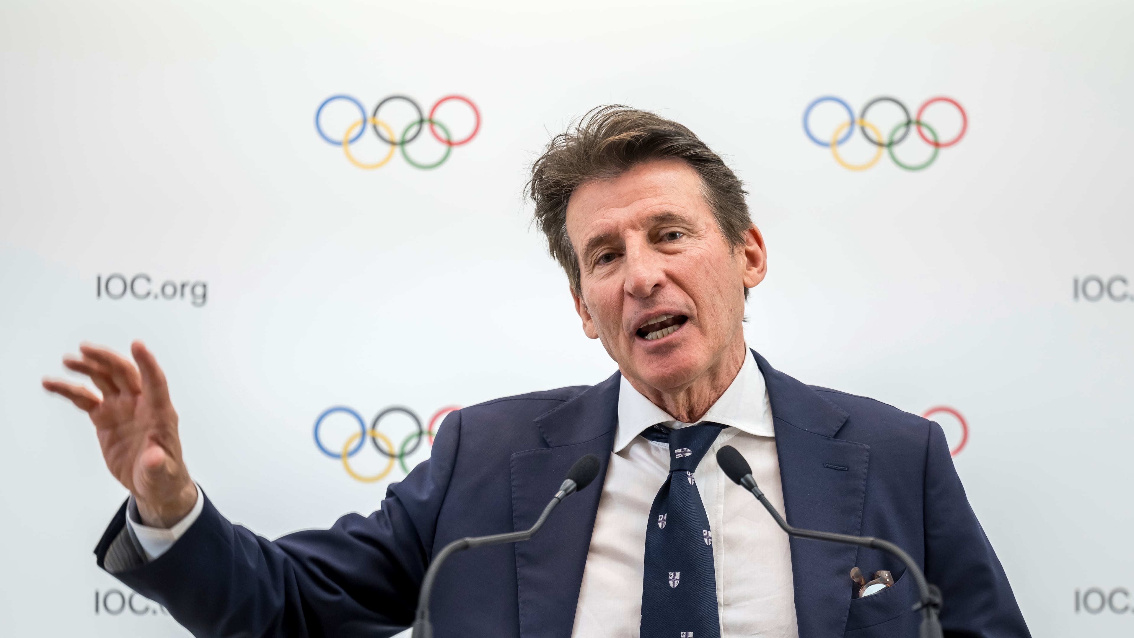 FILE - Candidate to the presidency of the International Olympic Committee (IOC) Sebastian Coe speaks during a press conference following a presentation before their fellow IOC members in Lausanne, Switzerland, on Jan 30, 2025 (Fabrice Coffrini/Pool Photo via AP)