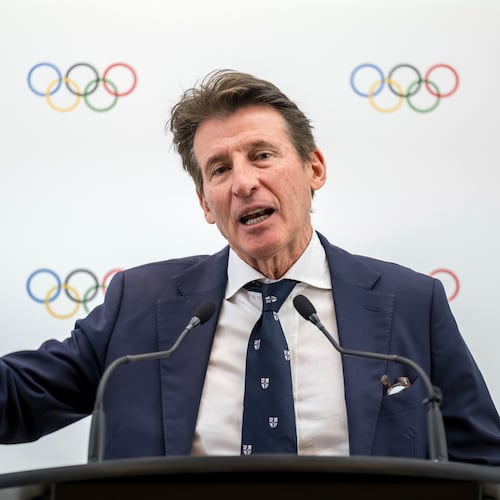 FILE - Candidate to the presidency of the International Olympic Committee (IOC) Sebastian Coe speaks during a press conference following a presentation before their fellow IOC members in Lausanne, Switzerland, on Jan 30, 2025 (Fabrice Coffrini/Pool Photo via AP)
