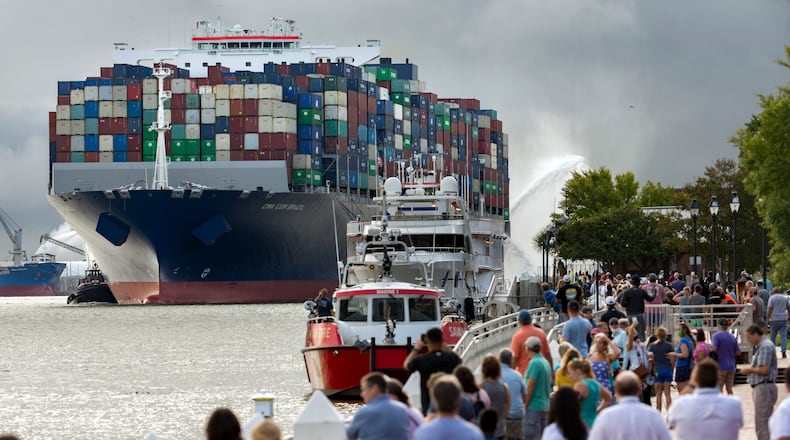 SAVANNAH, GA - SEPTEMBER 18, 2020: Dozens of spectators gather on historic River Street to watch container ship CMA CGM Brazil sail up the Savannah River to the Georgia Ports Authority's Garden City Terminal, Friday, Sept., 18, 2020, in Savannah, Ga. (AJC Photo/Stephen B. Morton)