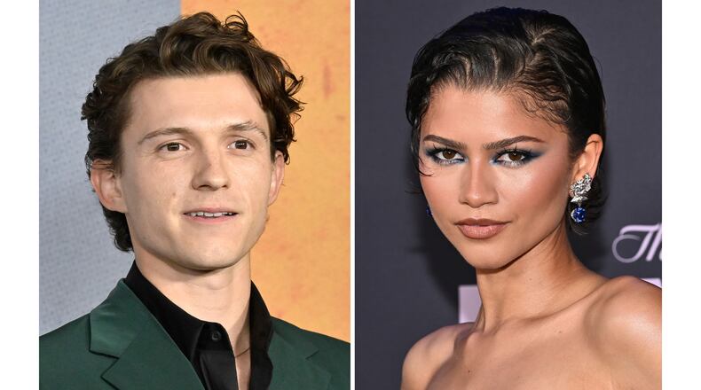 Tom Holland appears at the Apple TV+ limited series premiere of "The Crowded Room" in New York on June 1, 2023, left, and Zendaya appears at the special screening of "The Drama" in New York on April 2, 2026. (Photos by Evan Agostini/Invision/AP)