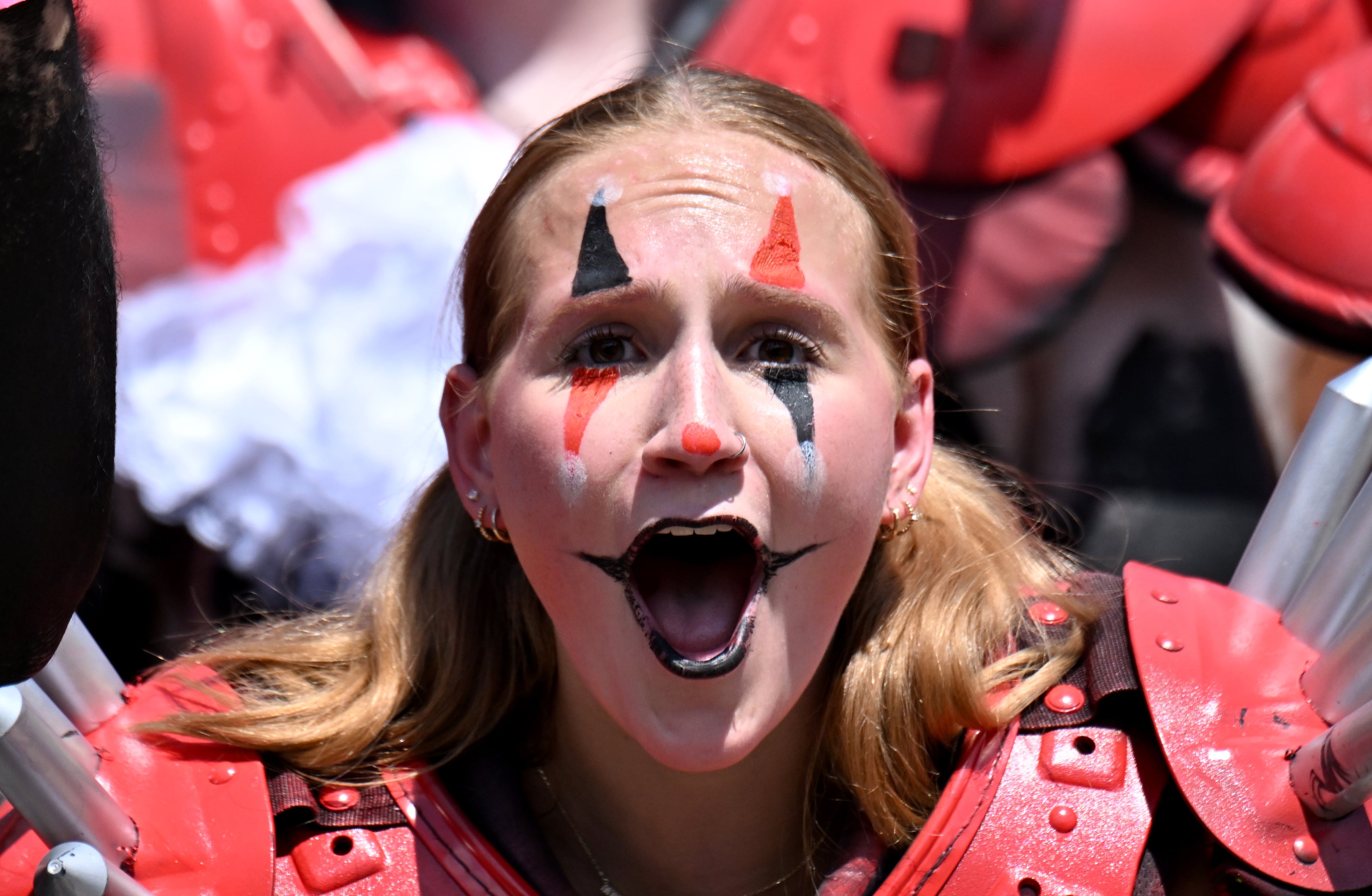 A member of the Spike Squad cheers before Georgia football's season opener and home opener against Marshall at Sanford Stadium, Saturday, August 30, 2025, in Athens. (Hyosub Shin / AJC)