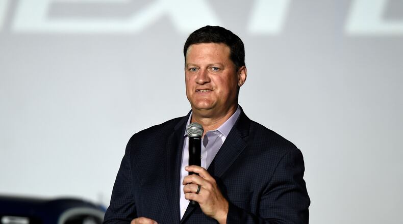 FILE - Steve O'Donnell, executive vice president of NASCAR, talks about the Next Gen Cup Cars that will be used in the 2022 season during the NASCAR media event in Charlotte, N.C., Wednesday, May 5, 2021. (AP Photo/Mike McCarn, File)