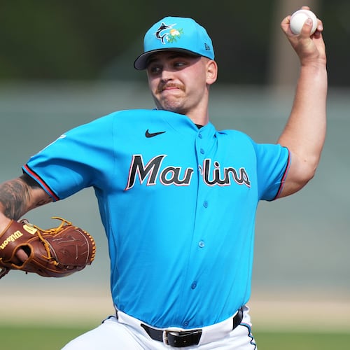 FILE - Miami Marlins pitcher Robby Snelling works out during spring training baseball, Feb. 15, 2026, in Jupiter, Fla. (AP Photo/Lynne Sladky, File)