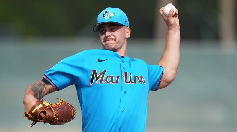 FILE - Miami Marlins pitcher Robby Snelling works out during spring training baseball, Feb. 15, 2026, in Jupiter, Fla. (AP Photo/Lynne Sladky, File)