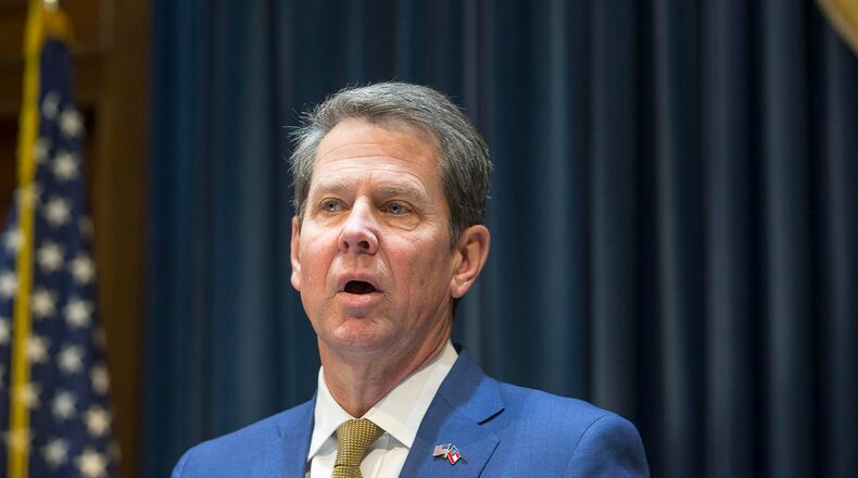 02/14/2019 -- Atlanta Georgia -- Governor Brian Kemp speaks during a press conference with lawmakers and members of the Georgia Department of Behavioral Health and Developmental Disabilities in his office at the Georgia State Capitol building in Atlanta, Thursday, February 14, 2019. Governor Kemp introduced the MY Georgia Crisis and Access Line application which provides information to people who need care and features a crisis line that individuals can use when in need.  (ALYSSA POINTER/ALYSSA.POINTER@AJC.COM)