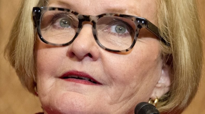 Sen. Claire McCaskill (D-Mo.) at a news conference in Washington, D.C., on April 26, 2016. McCaskill requested an investigation into the Federal Communications Commission's Lifeline program, finding one in three people enrolled in the government-subsidized phone program might not qualify for the service. (Ron Sachs/CNP/Sipa USA/TNS)