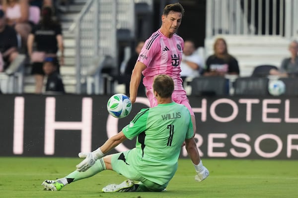Nashville SC goalkeeper Joe Willis (1) saves a shot on the goal by Inter Miami forward Tadeo Allende during the first half of an MLS soccer match, Saturday, July 12, 2025, in Fort Lauderdale, Fla. (AP Photo/Lynne Sladky)