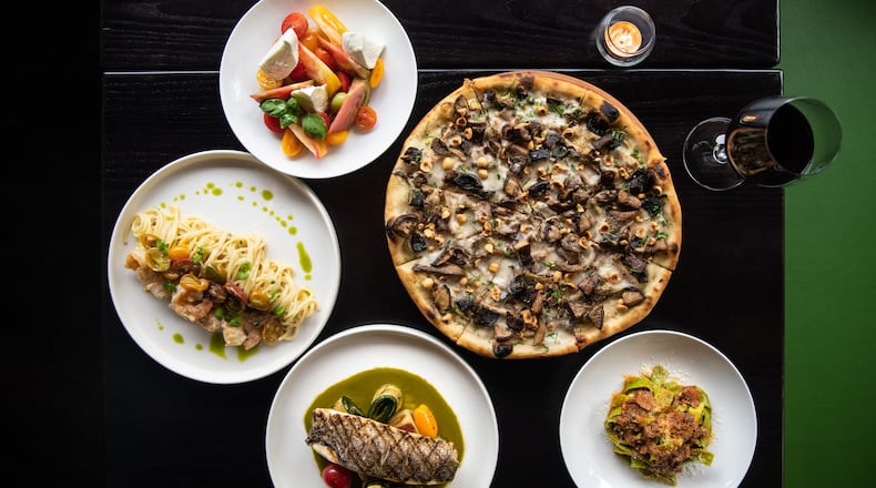 Tre Vele, a new Italian restaurant, doesn't plan to focus on just one region of Italy. Its offerings include Pizza Vegano (counterclockwise, from top right), Caprese, Spaghetti, Branzino, and Pappardelle with lamb ragu. (Mia Yakel for The Atlanta Journal-Constitution)