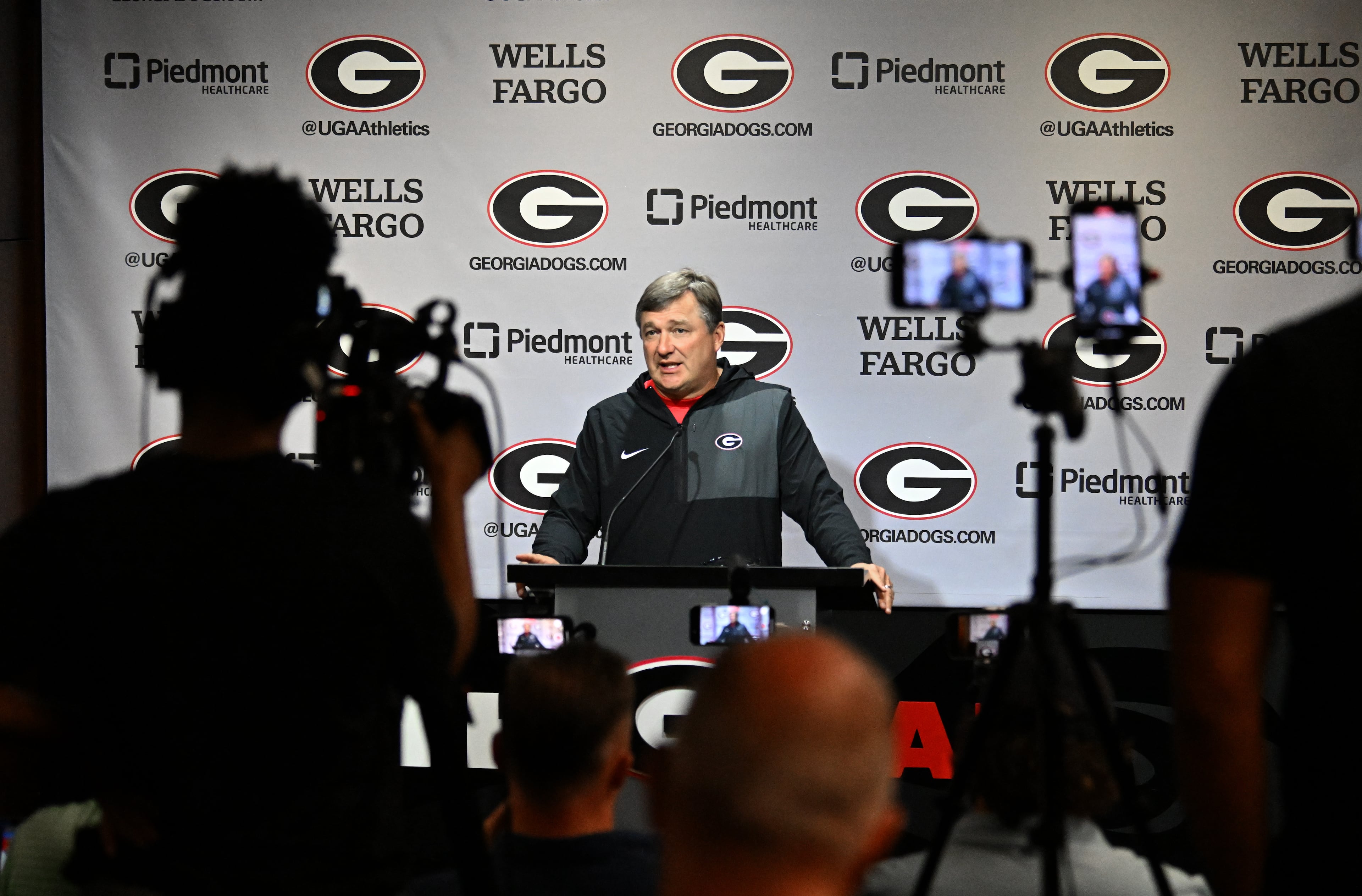 Georgia football head coach Kirby Smart speaks to members of the press during a press conference ahead of their football practice at the Butts-Mehre Building, Thursday, July 31, 2025, in Athens. (Hyosub Shin/AJC)