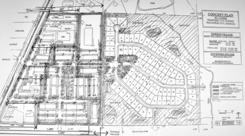 A combination of commercial space, loft condos, townhouses and single-family homes are planned for a newly rezoned tract along Ga. 54 in Peachtree City. Courtesy Peachtree City