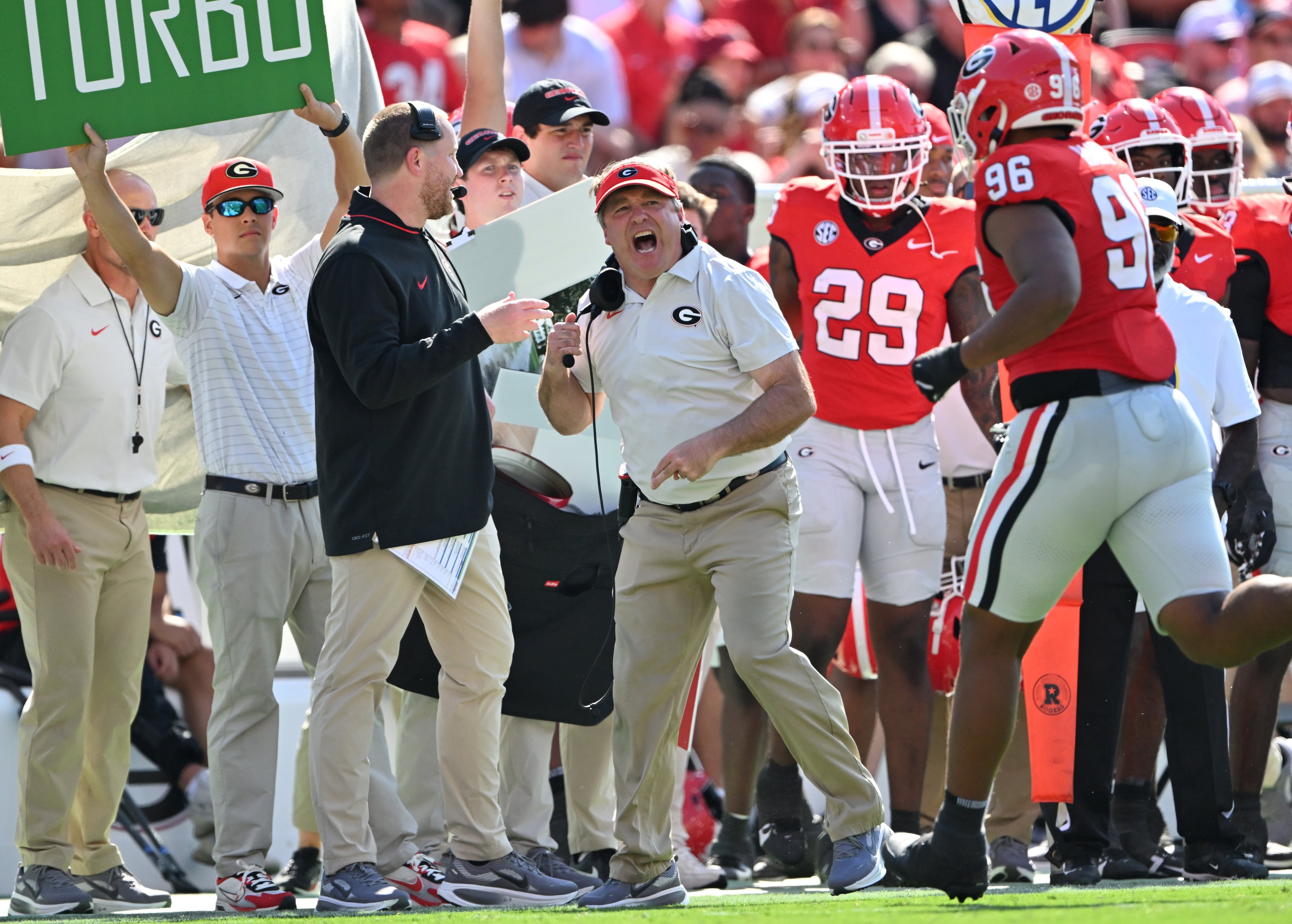 Georgia head coach Kirby Smart shouts instructions during the first half in an NCAA football game at Sanford Stadium, Saturday, August 30, 2025, in Athens. (Hyosub Shin / AJC)