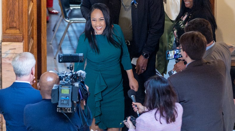 District Attorney Fani Willis speaks to reporters after filling out paperwork during the qualifying period at the Georgia Capitol in Atlanta, March 6, 2024. (Steve Schaefer/steve.schaefer@ajc.com)