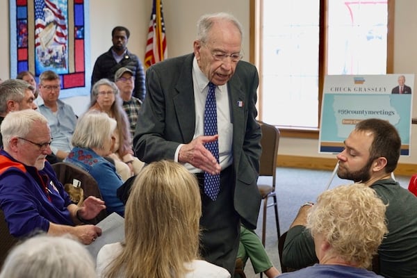 Sen. Chuck Grassley takes questions from constituents during a contentious town hall event in Northwood, Iowa on Wednesday, April 23, 2025. (AP photo/Mark Vancleave)