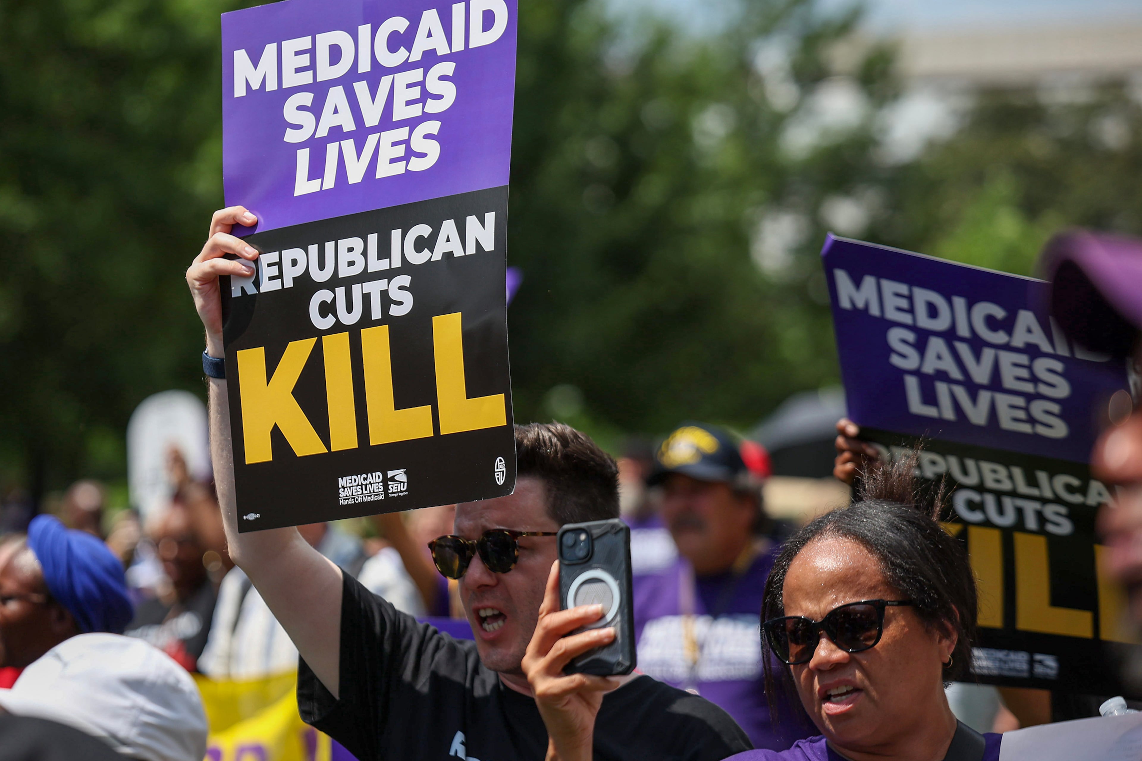 Workers with the Service Employees International Union rallied outside of the U.S. Capitol in Washington in June.