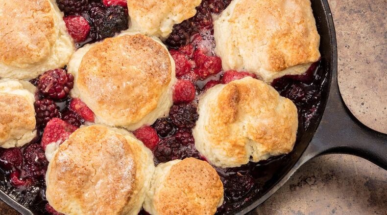 A mix of cake and all-purposes flours, along with baking powder, subs for self-rising flour to make the biscuit topping in this skillet cobbler recipe. (Food styling by Joan Moravek.) (Zbigniew Bzdak/Chicago Tribune/TNS)