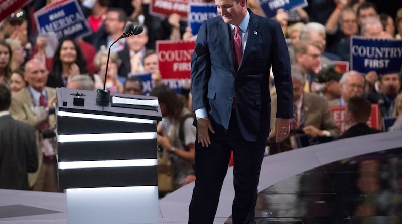U.S. Sen. Ted Cruz, R-Texas, walks from the podium after speaking during the Republican National Convention on Wednesday in Cleveland. AP/Evan Vucci