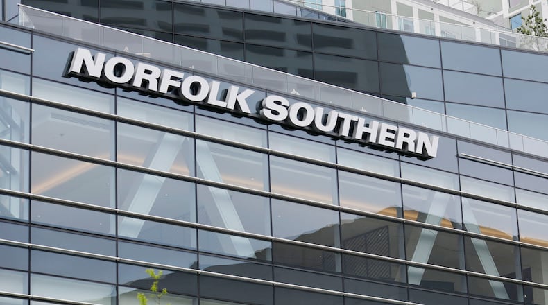The Norfolk Southern logo is prominently displayed on the company's headquarters in Atlanta, on April 4, 2023. (Miguel Martinez/The Atlanta Journal-Constitution/TNS)