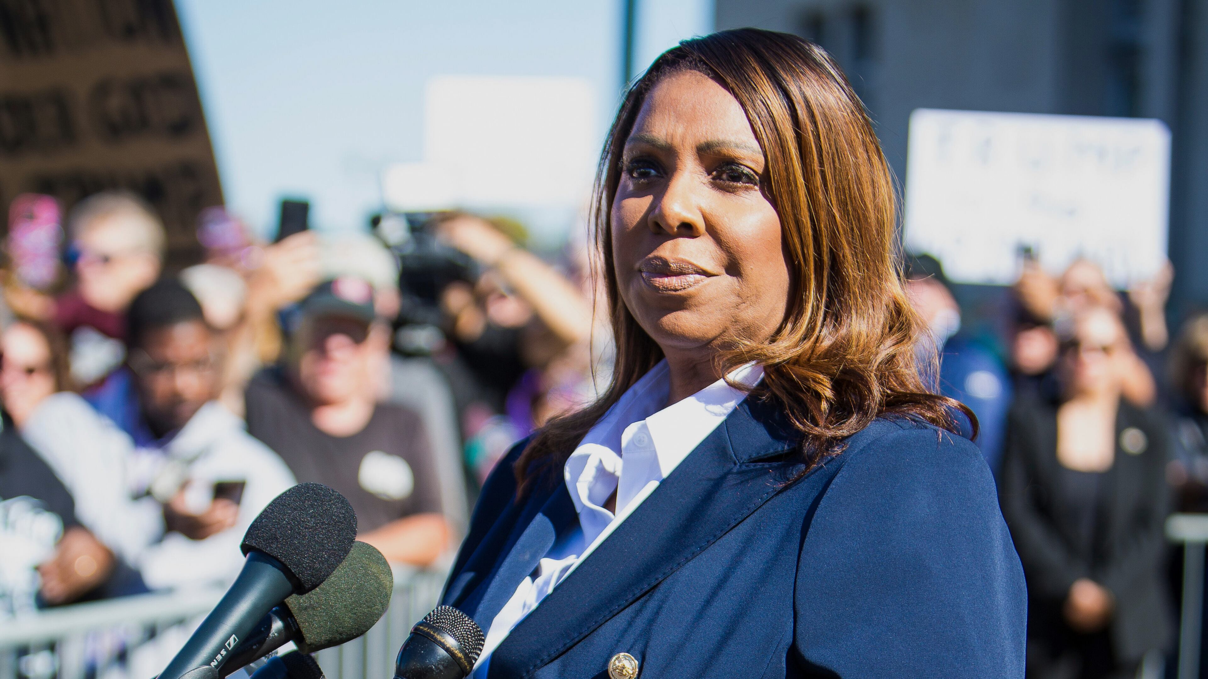 FILE - New York Attorney General, Letitia James, speaks after pleading not guilty outside the United States District Court on Friday, Oct. 24, 2025, in Norfolk, Va. (AP Photo/John Clark,File)