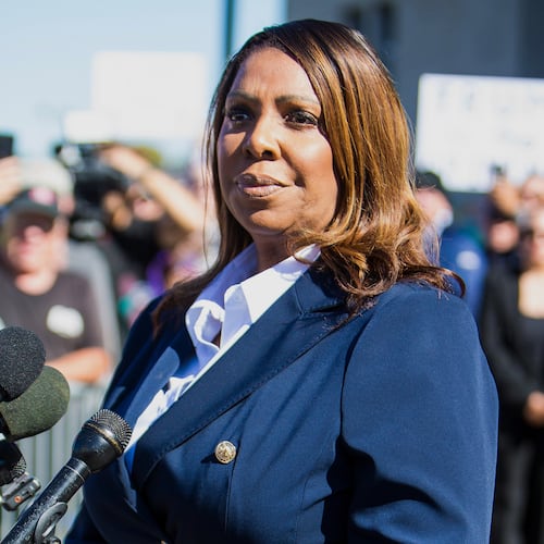 FILE - New York Attorney General, Letitia James, speaks after pleading not guilty outside the United States District Court on Friday, Oct. 24, 2025, in Norfolk, Va. (AP Photo/John Clark,File)