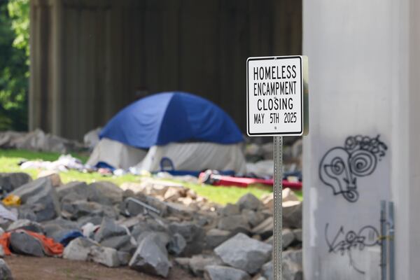 The homeless encampment is shown on Pryor Street underneath the I-20 bridge, Thursday, May 1, 2025, in Atlanta. The City of Atlanta is closing the homeless encampment on Monday, May 5, 2025. (Jason Getz / AJC)