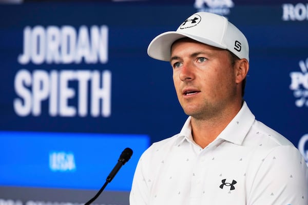Jordan Spieth speaks during a news conference at the PGA Championship golf tournament at the Quail Hollow Club, Tuesday, May 13, 2025, in Charlotte, N.C. (AP Photo/Matt York)
