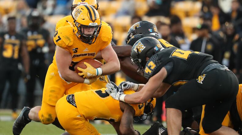 March 22, 2019 - Kennesaw, Ga: Kennesaw State Owls running back Cole Gilley (37) runs for short yardage during the KSU spring football game at Fifth Third Bank Stadium Friday, March 22, 2019 in Kennesaw, Ga.. (JASON GETZ/SPECIAL TO THE AJC)
