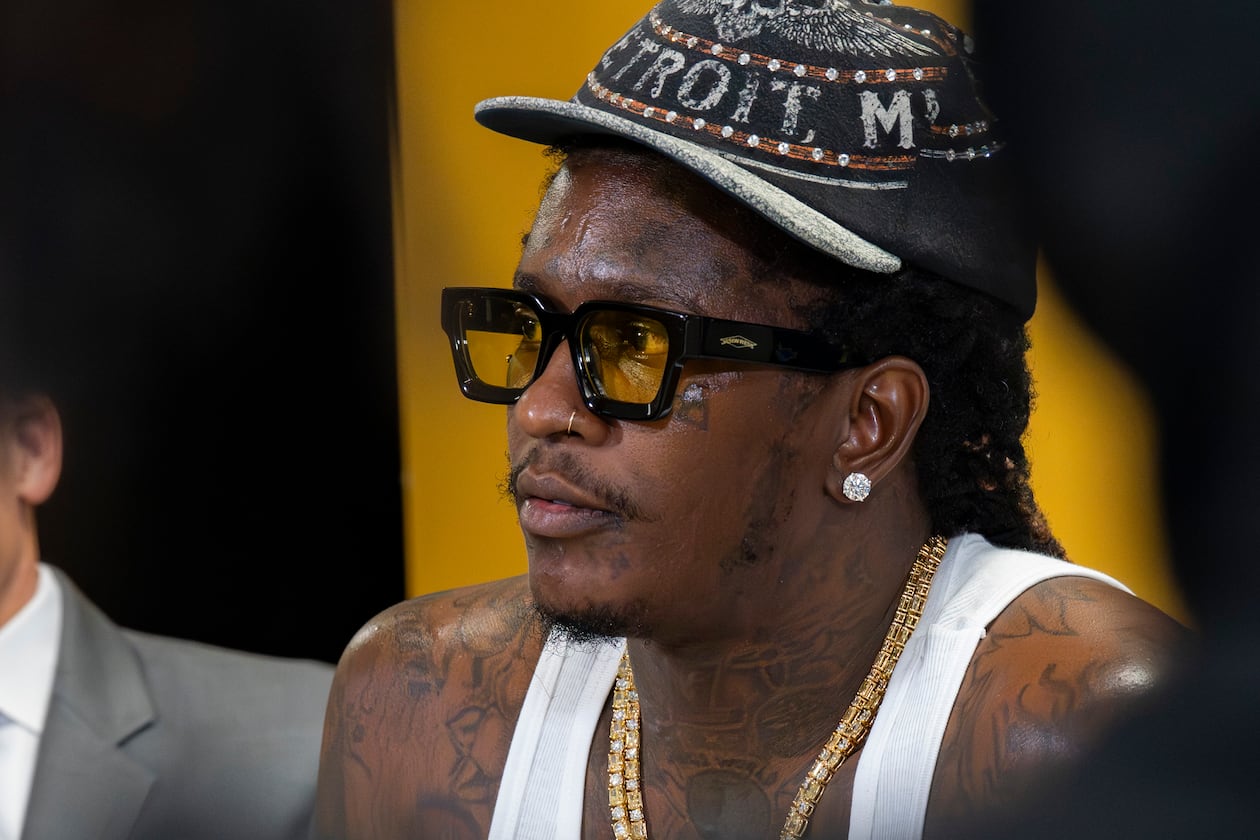 Jeffery Williams, known as rapper Young Thug, speaks to students at Skyview High School on Friday, Aug. 1, 2025, in Atlanta. The appearance is part of his court-mandated anti-gang outreach, one of the few conditions under which he is permitted to return to the city. (Olivia Bowdoin for the AJC)