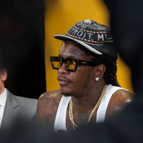 Jeffery Williams, known as rapper Young Thug, speaks to students at Skyview High School on Friday, Aug. 1, 2025, in Atlanta. The appearance is part of his court-mandated anti-gang outreach, one of the few conditions under which he is permitted to return to the city. (Olivia Bowdoin for the AJC)