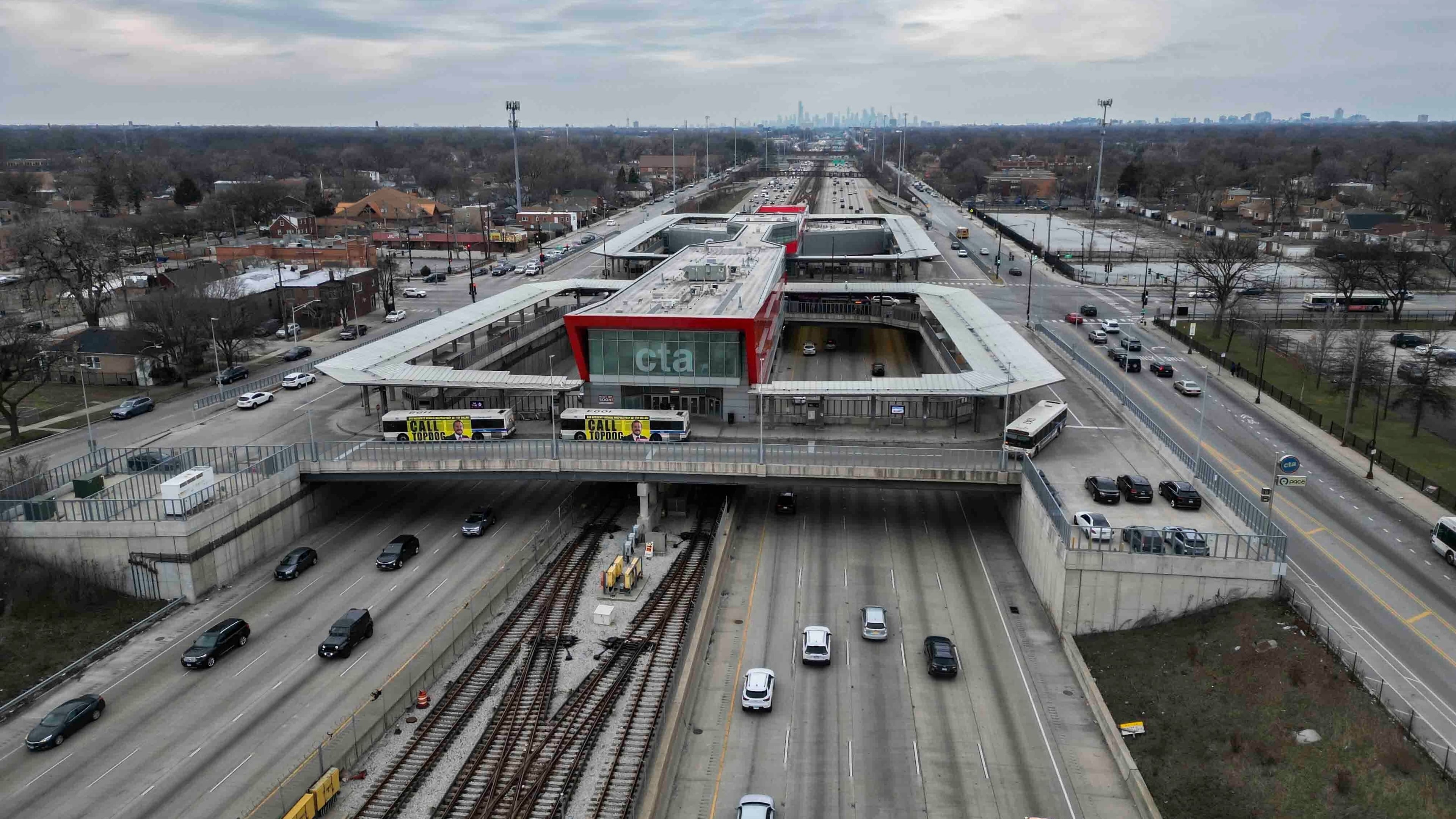 FILE - Cars pass the 95th Street Red Line Station, the train station currently the farthest south on the line and where the Chicago Transit Authority plans to extend from in 2025, Thursday, Dec. 19, 2024, in Chicago. (AP Photo/Erin Hooley, File)
