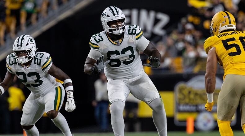 FILE - Green Bay Packers offensive tackle Rasheed Walker (63) blocks during an NFL football game, Sunday, Oct. 26, 2025, in Pittsburgh. (AP Photo/Matt Durisko, File)