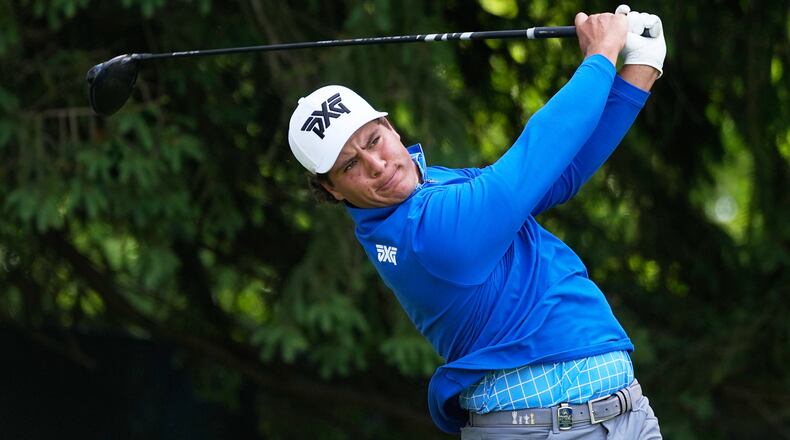 Aldrich Potgieter, of South Africa, watches his tee shot on the fourth hole during the first round of the PGA Championship golf tournament practice round at Aronimink Golf Club, Thursday, May 14, 2026, in Newtown Square, PA. (AP Photo/Matt Slocum)