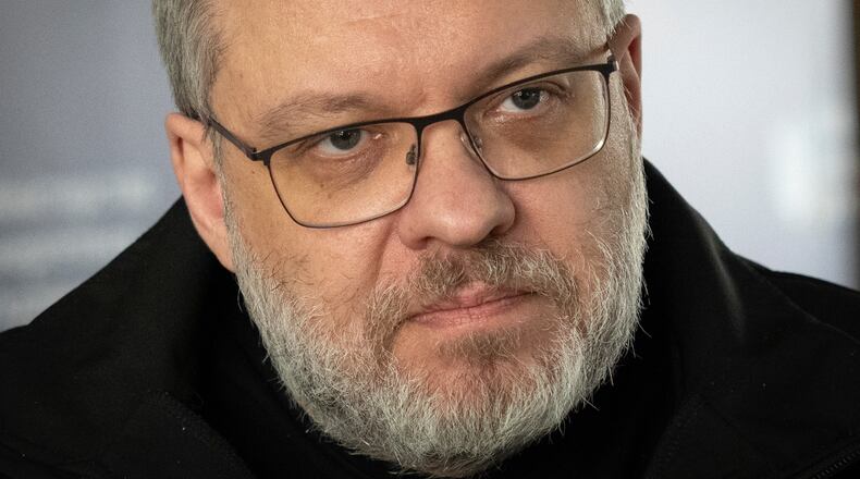 FILE - Herman Halushchenko, Ukraine's energy minister, speaks with the Associated Press during an interview in Kyiv, Ukraine, April 11, 2023. (AP Photo/Efrem Lukatsky, File)