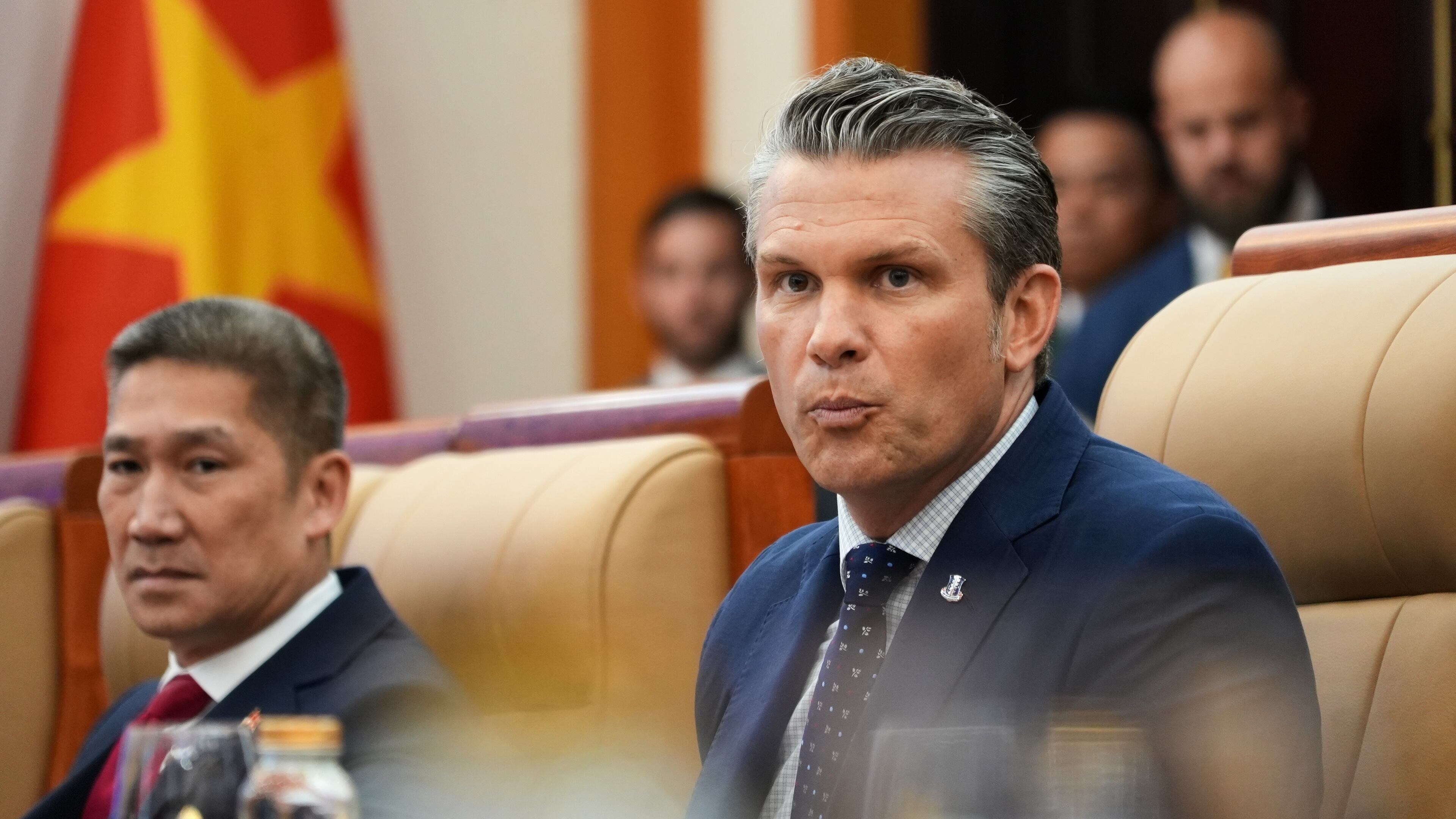 U.S. Defense Secretary Pete Hegseth speaks during a meeting with Vietnamese Defense Minister Phan Van Giang in Hanoi, Vietnam, Sunday, Nov. 2, 2025. (AP Photo/Hau Dinh)