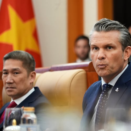 U.S. Defense Secretary Pete Hegseth speaks during a meeting with Vietnamese Defense Minister Phan Van Giang in Hanoi, Vietnam, Sunday, Nov. 2, 2025. (AP Photo/Hau Dinh)