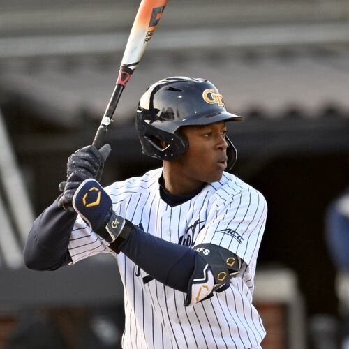 Georgia Tech catcher Vahn Lackey waits for the pitch during the fourth inning of a baseball game at Georgia Tech’s Russ Chandler Stadium, Tuesday, Feb. 24, 2026, in Atlanta. (Hyosub Shin/AJC)