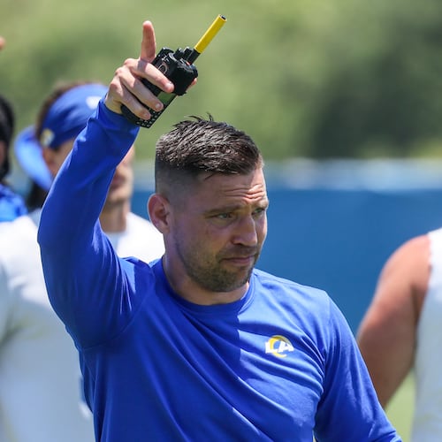 Los Angeles Rams defensive coordinator Chris Shula — pictured during a June 2024 practice — is a possible option to become Atlanta's next head coach after Raheem Morris was fired Sunday. (Robert Gauthier/TNS)