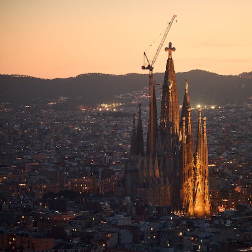 Antoni Gaudí's Basilica of the Sagrada Família stands at dusk as seen from the Mirador Torre Glòries in Barcelona, Spain, Tuesday, June 9, 2026. (AP Photo/Emilio Morenatti)
