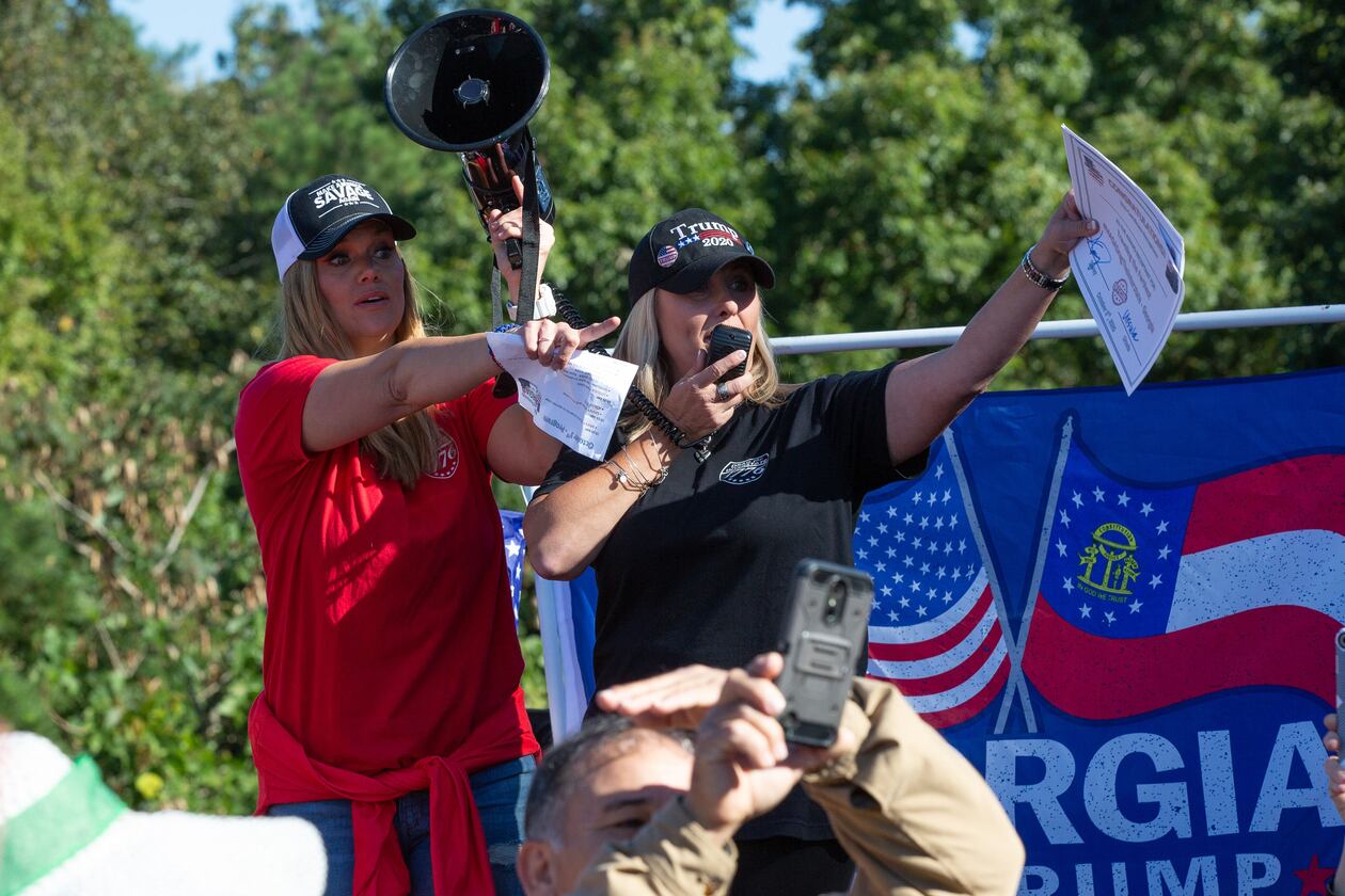 Rally Speakers talk to the crowd at a MAGA Drag the Interstate event in support of President Trump in Kennesaw on Saturday, October 3, 2020.  STEVE SCHAEFER / SPECIAL TO THE AJC