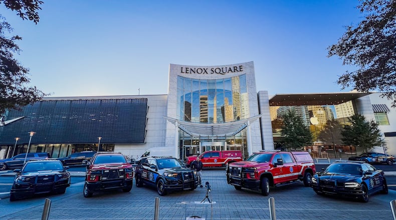 Lenox Square was used as a backdrop for a news conference to introduce the city of Atlanta's new public safety vehicles in 2023. (Credit: Henri Hollis / henri.hollis@ajc.com)