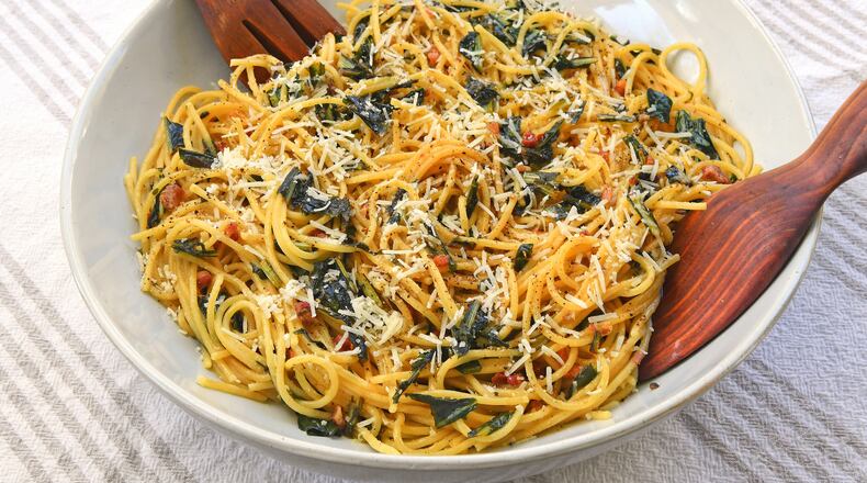 Spaghetti with Dandelion Greens and Pancetta.
(Chris Hunt for The Atlanta Journal-Constitution)