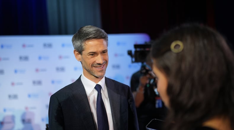 Matt Mahan speaks with members of the media following a California gubernatorial debate hosted by CBS LA at Pomona College in Claremont, Calif., Tuesday, April 28, 2026. (AP Photo/Jae C. Hong)