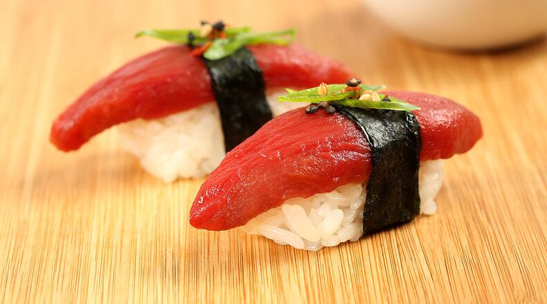 The new vegan “tuna” product Ahimi is seen on top of sushi rice as classic nigiri. (Lou Manna)
