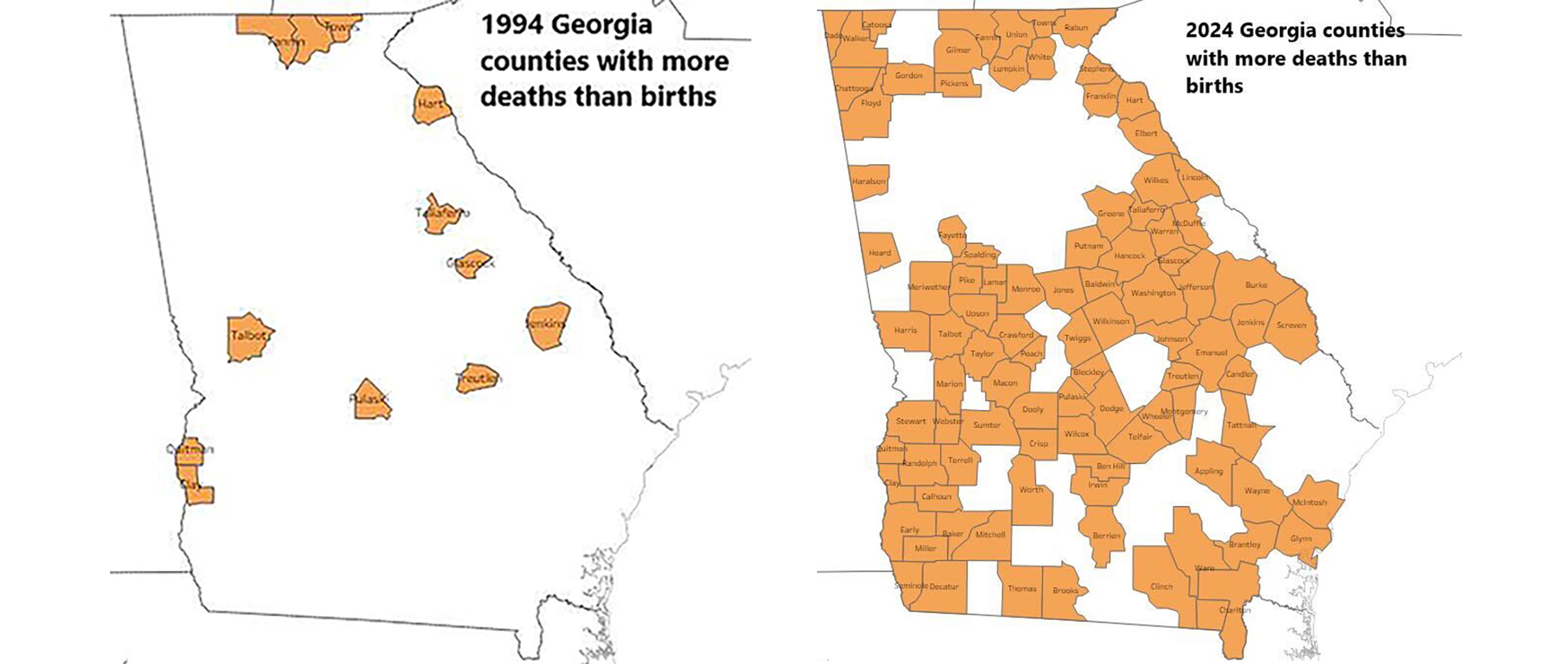 Charles Hayslett, who has rural Georgia for years, crunched 30 years of data from the Georgia Department of Public Health and found a growing number of counties where deaths outnumber births. (Courtesy of Charles Hayslett)