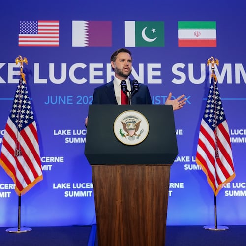 Vice President JD Vance speaks to members of the media after the U.S. and Iran held high-level talks at the Bürgenstock Resort in Obbuergen, near Lucerne, in Switzerland, Monday, June 22, 2026. (Nathan Howard/Pool Photo via AP)